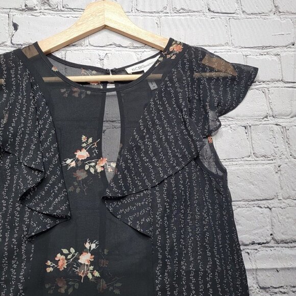 BCBGeneration Sheer Black Floral Print Flutter Sleeve Slip Dress Size XS - Picture 5 of 10